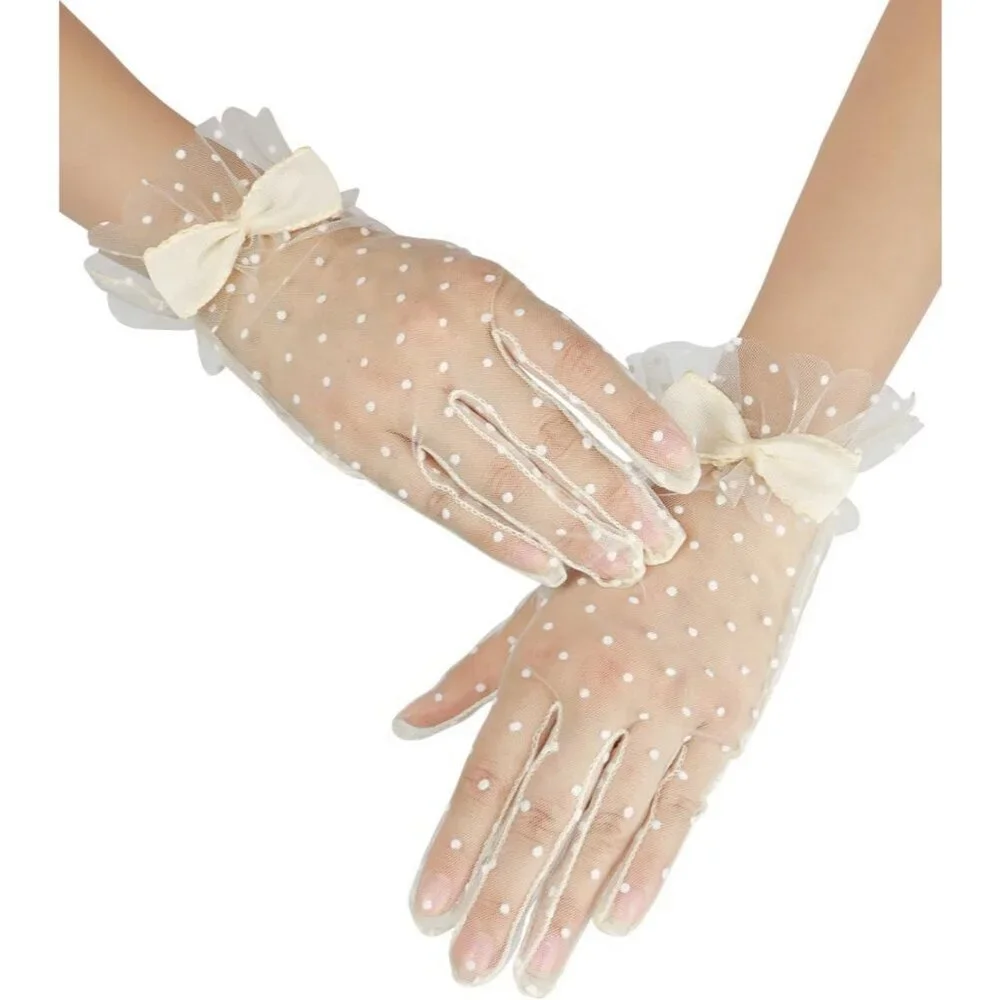 Women's Beige Short Polka Dot Lace Bow Mesh Party Wedding Bridal Gloves Prom